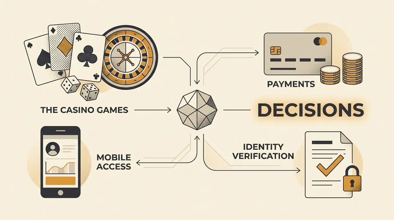 Editorial illustration connecting games, payments, mobile access and verification